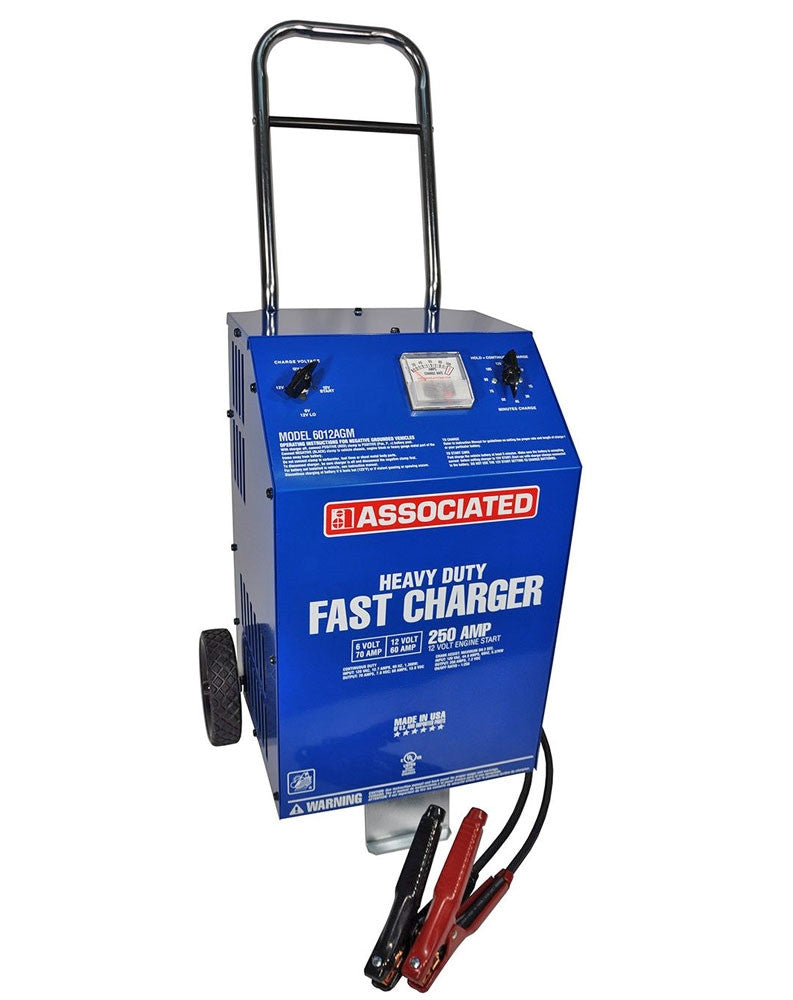 Associated Equipment 6012AGM Heavy Duty Fast Charger, 6/12V AGM Safe, 70/60A, 250A Crank Assist, Wheel Charger with clamps