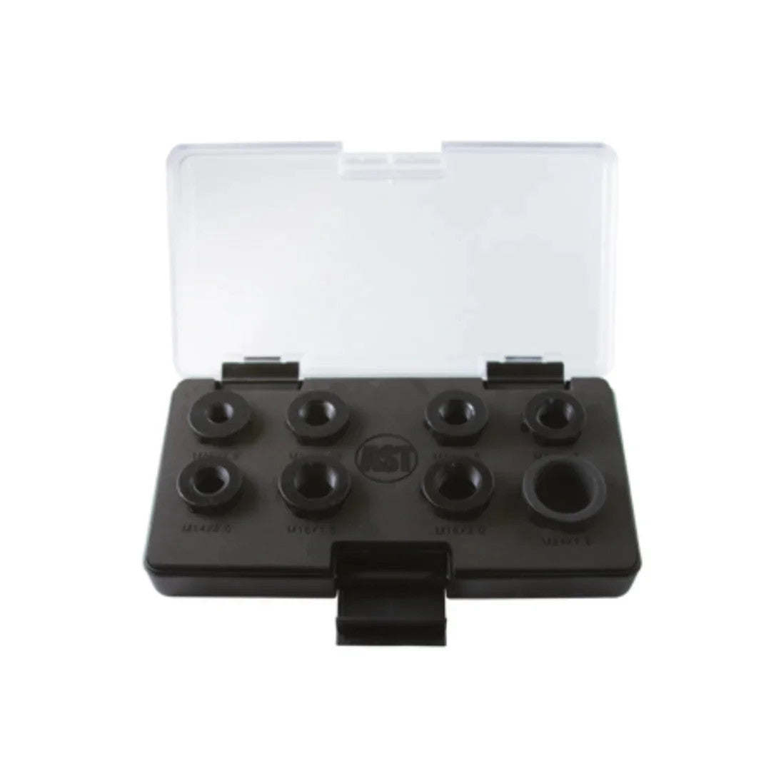 Assenmacher Specialty Tools TM218 8pc Ball Joint Hammer Nut Set open case showing 8 metric nuts