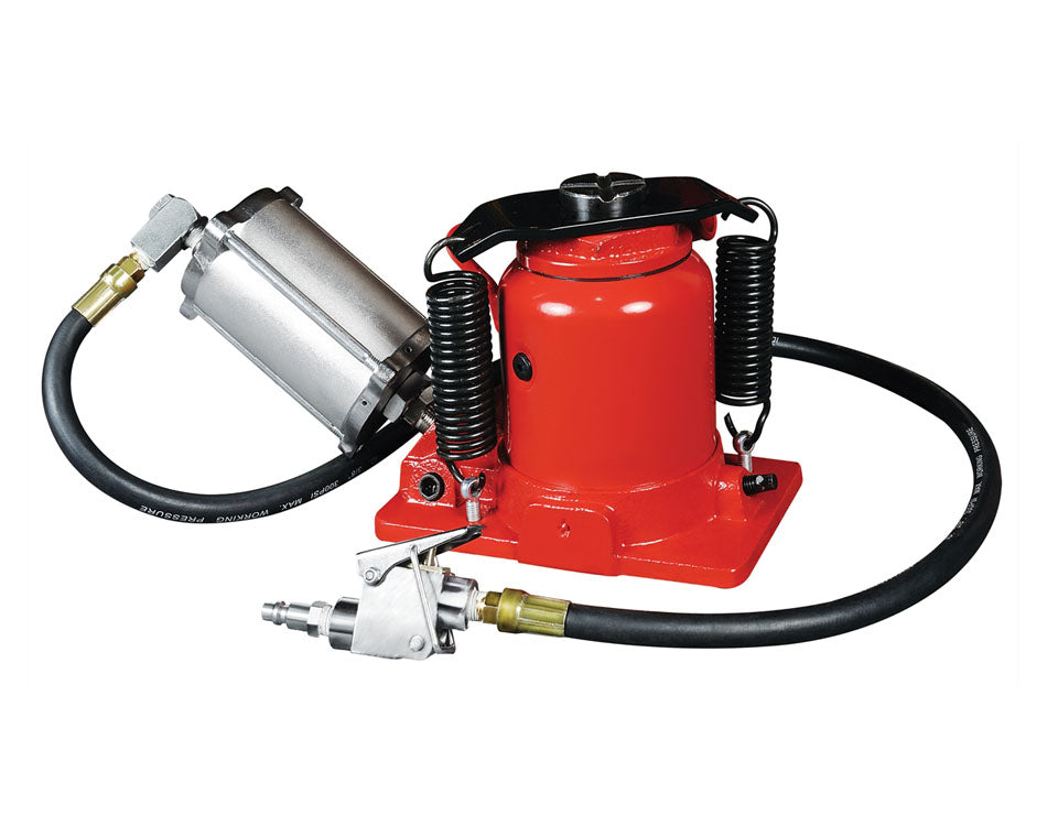 Astro Pneumatic 5304A 20-Ton Low Profile Air/Manual Bottle Jack with air hose and swivel fitting on white background
