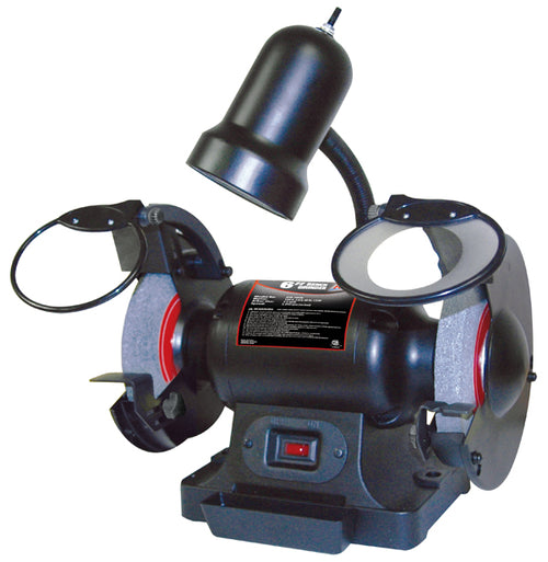 ATD Tools 10556 6-Inch 1/2 HP Bench Grinder with flexible work light, dual grinding wheels, and eye shields