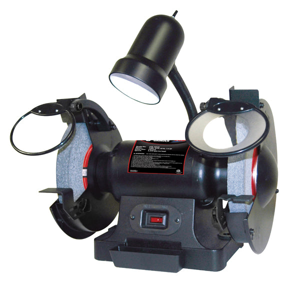ATD Tools 10558 8" 3/4 HP Bench Grinder with flexible work light, dual grinding wheels, and adjustable eye shields