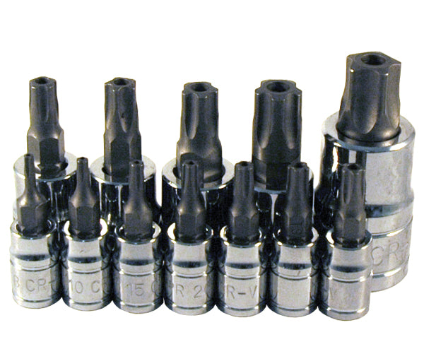 ATD Tools 13778 12-Piece 5-Lobe Tamper-Resistant Star Plus Bit Socket Set - loose arrangement showing all 12 chrome vanadium sockets