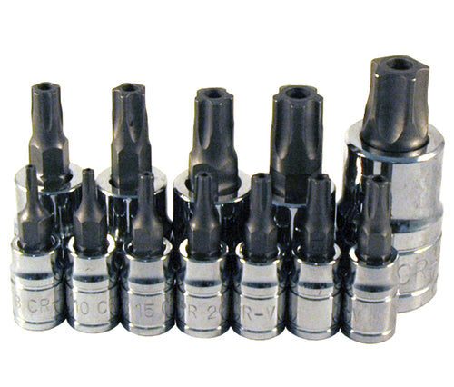 ATD Tools 13778 12-Piece 5-Lobe Tamper-Resistant Star Plus Bit Socket Set - loose arrangement showing all 12 chrome vanadium sockets