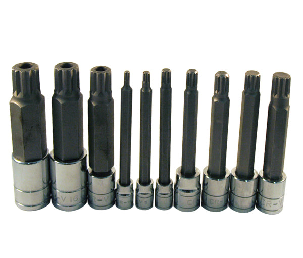 ATD Tools 13781 10Pc Extra Long Triple Square Spline Bit Socket Set, 10 pieces laid out