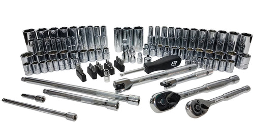ATD Tools ATD-1380 106pc 1/4 and 3/8 Drive 6-Point SAE and Metric Chrome Socket Set - full set layout