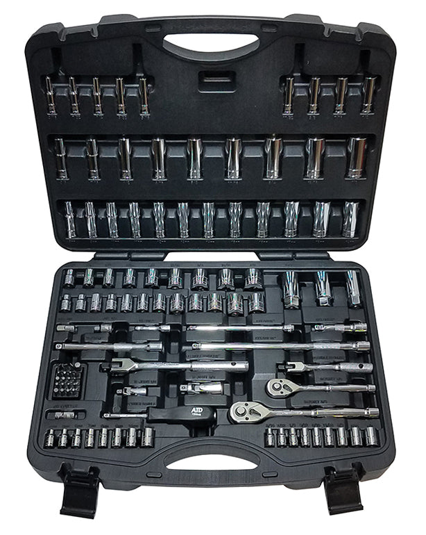 ATD Tools ATD-1380 106pc 1/4 and 3/8 Drive 6-Point SAE and Metric Chrome Socket Set in molded storage case