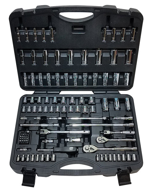 ATD Tools ATD-1380 106pc 1/4 and 3/8 Drive 6-Point SAE and Metric Chrome Socket Set in molded storage case