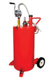 ATD Tools ATD-2025 25 Gallon Gas Caddy with heavy-duty aluminum hand pump, fill level gauge, ground wire, discharge hose, and wheeled dolly on white background