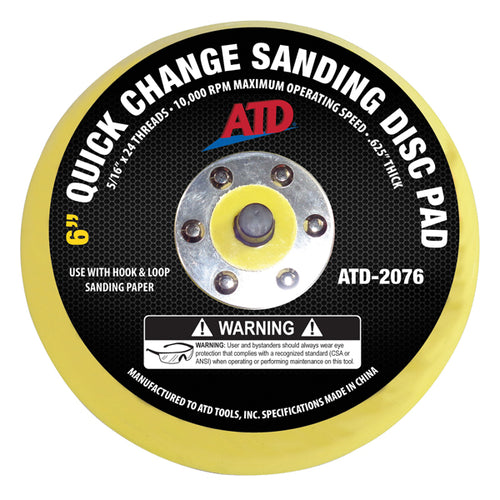 ATD Tools ATD-2076 6" Quick Change Sanding Disc Pad, yellow hook & loop pad with 5/16" x 24 threads and 10,000 RPM max speed