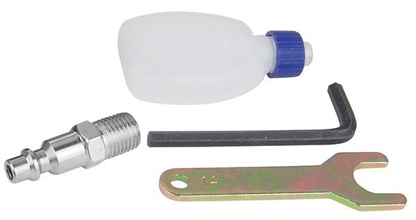 ATD Tools 2139 accessories including air fitting, oil bottle, hex key, and spanner wrench