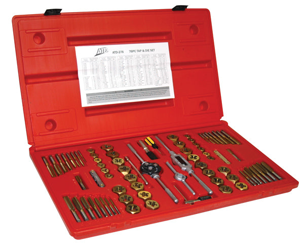 ATD Tools 276 76-Piece Fractional/Metric Tap and Die Set organized in red molded storage case