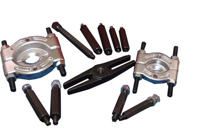 ATD Tools 3056 5-Ton Bar-Type Puller/Bearing Separator Set components laid out including 2 bearing separators and hex push-puller legs