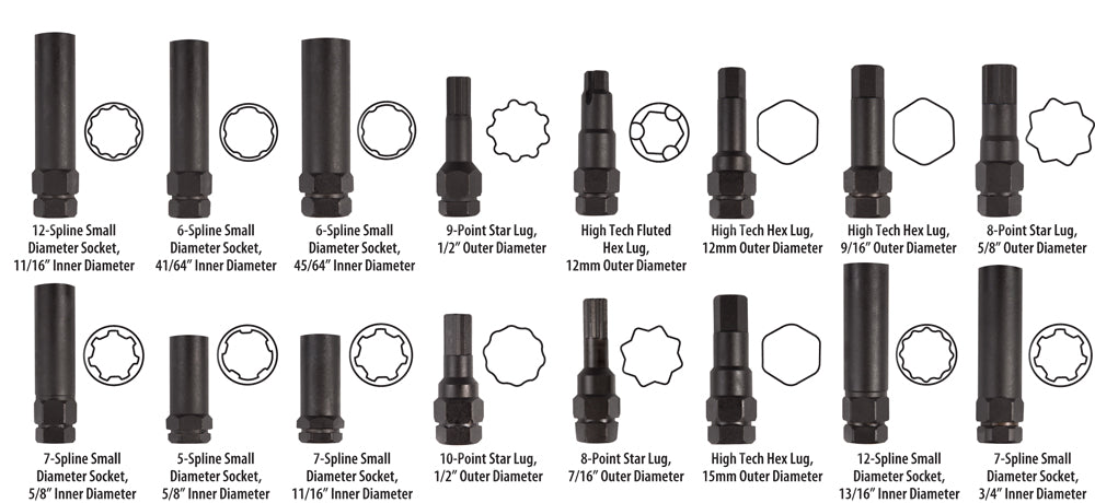 ATD Tools 3065 16 Pc. Locking Wheel Nut Master Key Set individual pieces chart with spline, star, and hex lug specifications