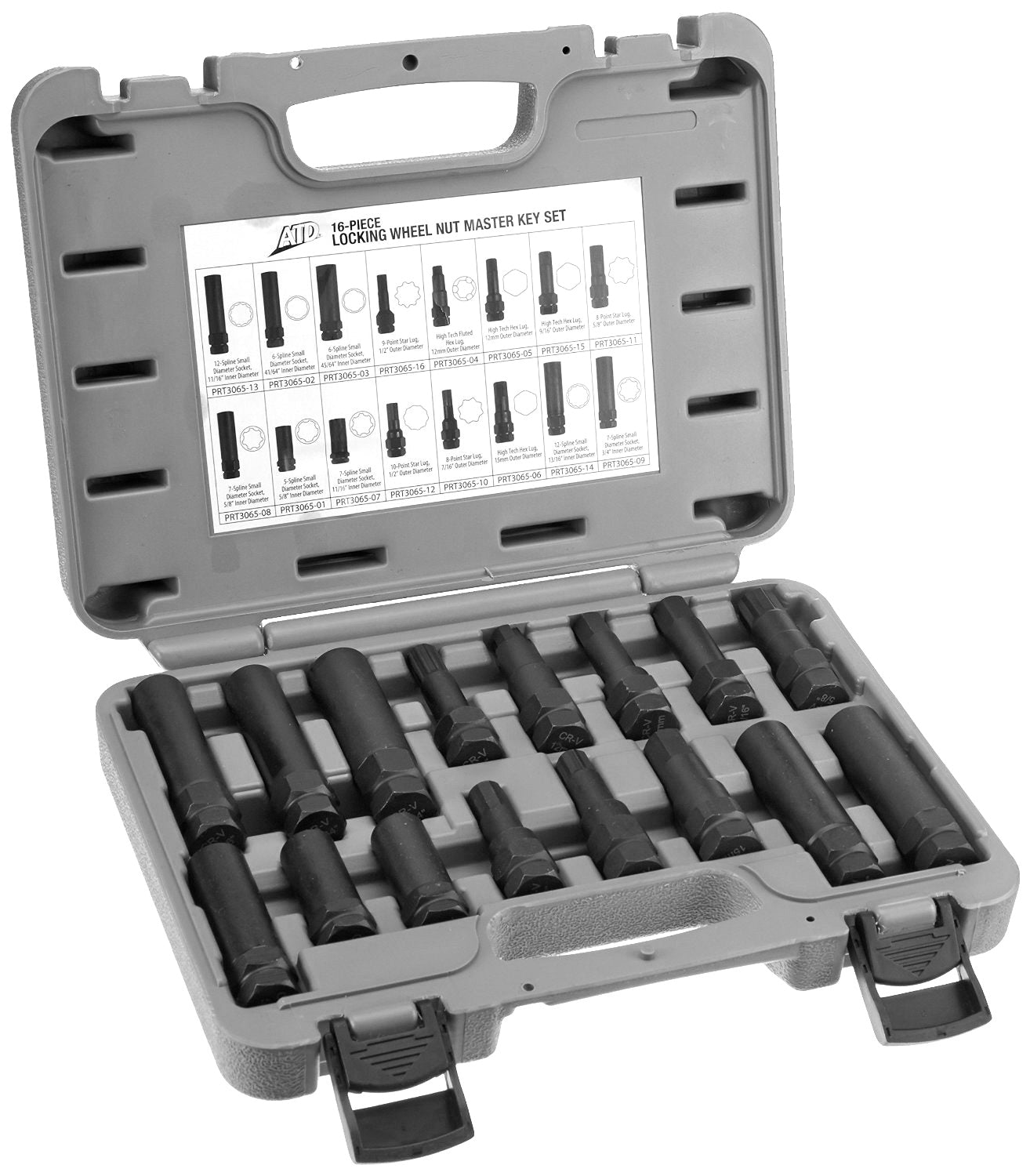 ATD Tools 3065 16 Pc. Locking Wheel Nut Master Key Set open carrying case showing all 16 lug keys with identification chart