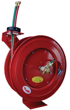 ATD Tools 31170 1/4" x 50' Retractable Dual Hose Welding Reel - Red heavy-gauge steel reel with twin color-coded oxygen/acetylene hoses and brass fittings