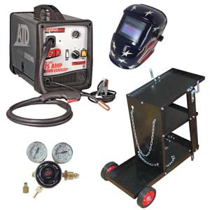 ATD Tools ATD-3175K 175 Amp MIG/Flux Core Welder Kit with solar auto-darkening welding helmet, 2-gauge regulator, and welding cart