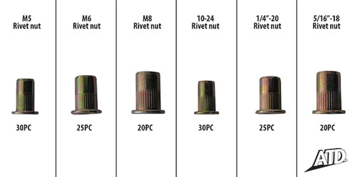 ATD Tools ATD-337 Rivet Nut size comparison chart showing M5, M6, M8, 10-24, 1/4-20, and 5/16-18 sizes with piece counts