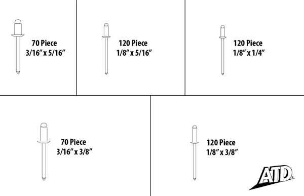 ATD Tools ATD-346 blind rivet size diagram showing 5 sizes: 70 Pc 3/16" x 5/16", 120 Pc 1/8" x 5/16", 120 Pc 1/8" x 1/4", 70 Pc 3/16" x 3/8", 120 Pc 1/8" x 3/8"