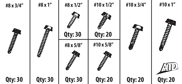 ATD Tools ATD-349 Hex Washer Head Self-Drilling Screw assortment size chart showing #8 and #10 variants with quantities