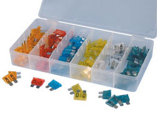 ATD Tools ATD-364 120 Pc. Car Fuse Assortment in clear plastic storage case with color-coded blade fuses