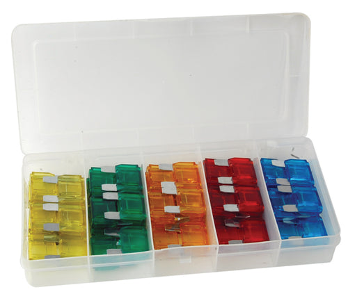 ATD Tools 386 50 Pc. 2-Blade Max Fuse Assortment with colorful fuses in clear molded storage case