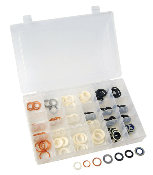 ATD Tools ATD-389 120 Pc. Oil Drain Plug Gasket Assortment in clear plastic divided storage case