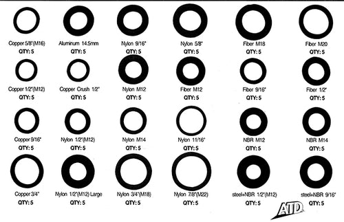 ATD Tools ATD-389 Oil Drain Plug Gasket Assortment size and material reference chart showing all 24 varieties, qty 5 each