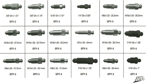 ATD Tools ATD-391 Brake Bleeder Screw Assortment size reference chart showing 18 sizes with 5 pieces each
