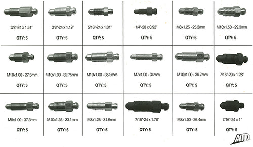 ATD Tools ATD-391 Brake Bleeder Screw Assortment size reference chart showing 18 sizes with 5 pieces each