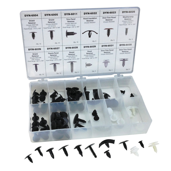 ATD Tools 39353 80 Pc. Chrysler Retainer Assortment in molded plastic storage case with assorted retainer clips displayed
