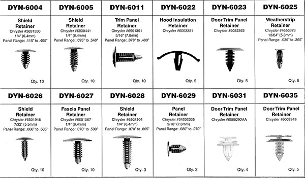 ATD Tools 39353 Chrysler Retainer Assortment spec diagram showing 12 retainer types with DYN numbers, Chrysler part numbers, sizes, and quantities