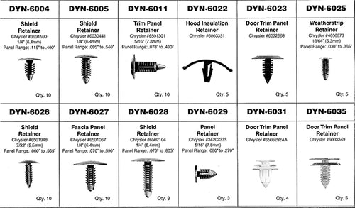 ATD Tools 39353 Chrysler Retainer Assortment spec diagram showing 12 retainer types with DYN numbers, Chrysler part numbers, sizes, and quantities