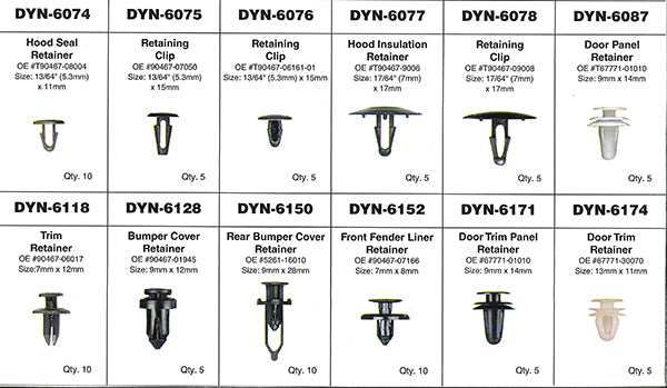 ATD Tools 39355 Toyota Retainer Assortment component reference chart showing all 12 retainer types with OE numbers and sizes