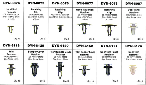 ATD Tools 39355 Toyota Retainer Assortment component reference chart showing all 12 retainer types with OE numbers and sizes