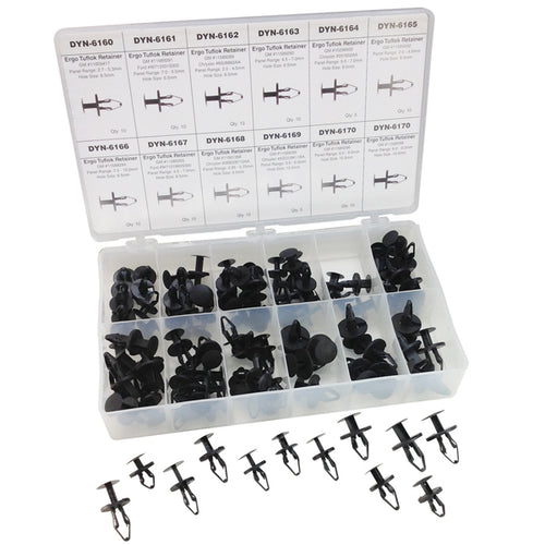 ATD Tools 39357 105 Pc. Ergo Tuflok Retainer Assortment in molded storage case with sorted black plastic retainers and reference card