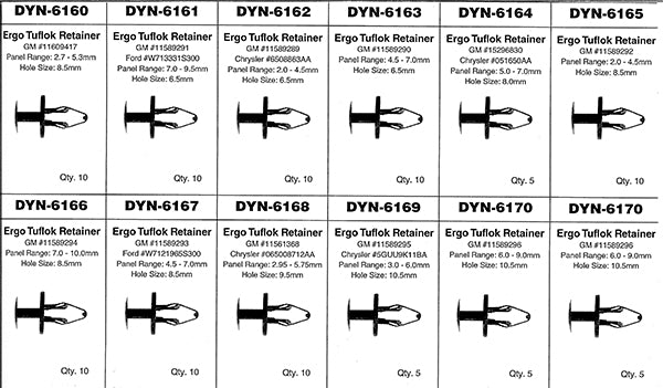 ATD Tools 39357 Ergo Tuflok Retainer Assortment specification chart showing DYN-6160 through DYN-6170 retainer types with panel range and hole size details