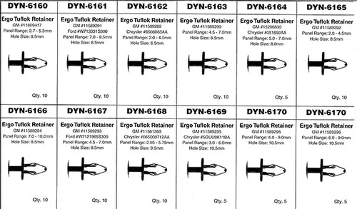ATD Tools 39357 Ergo Tuflok Retainer Assortment specification chart showing DYN-6160 through DYN-6170 retainer types with panel range and hole size details