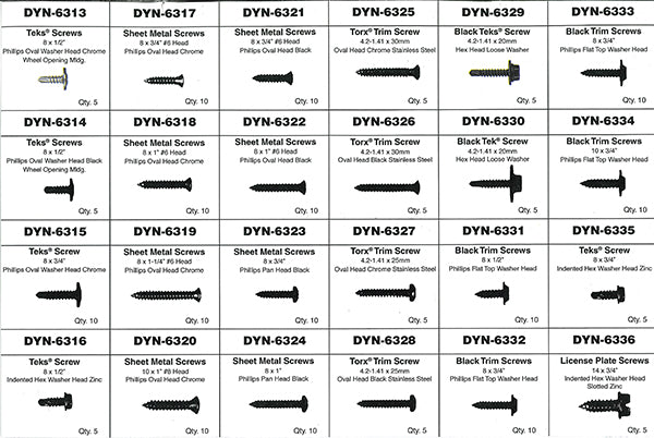 ATD Tools 39359 trim screw assortment reference chart showing all 185 included pieces by part number