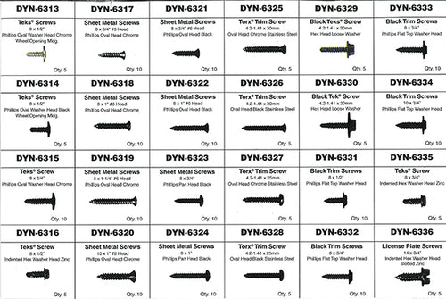 ATD Tools 39359 trim screw assortment reference chart showing all 185 included pieces by part number