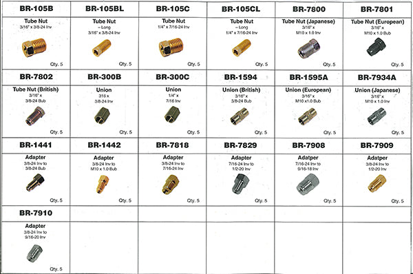 ATD Tools 39361 brake line fittings assortment reference chart showing all 19 fitting types with part numbers and quantities