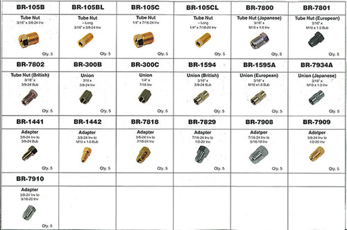 ATD Tools 39361 brake line fittings assortment reference chart showing all 19 fitting types with part numbers and quantities