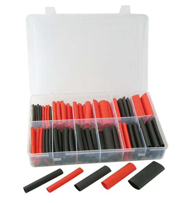 ATD Tools ATD-394 115Pc Dual Wall Heat Shrink Tube Assortment in clear plastic organizer box with assorted black and red tubes