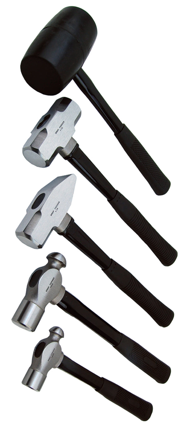 ATD Tools ATD-4045 5-Piece Hammer Set with Fiberglass Handles including rubber mallet, sledge, cross pein, and ball pein hammers