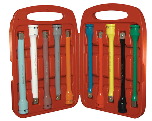 ATD Tools ATD-4380 10 Pc. 1/2" Drive Wheel Torque Extension Set displayed in open red carrying case with 10 color-coded extensions