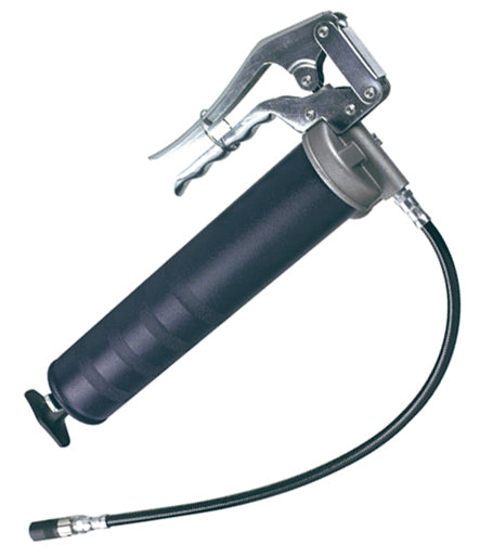 ATD Tools 5002 Pistol Grip Grease Gun assembled with 18-inch flexible hose and 4-jaw coupler