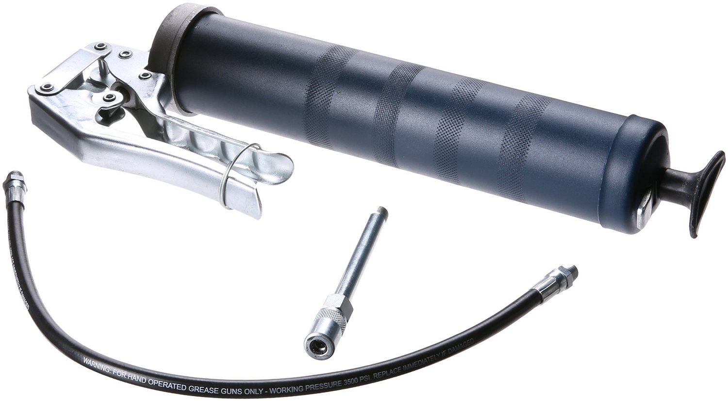 ATD Tools 5002 Pistol Grip Grease Gun showing gun body, 18-inch flexible hose, and 6-inch steel extension components
