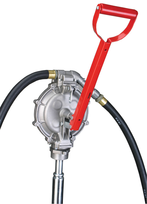 ATD Tools ATD-5025 Double Diaphragm Fuel Transfer Pump with red steel handle and 8 ft. anti-static neoprene hose