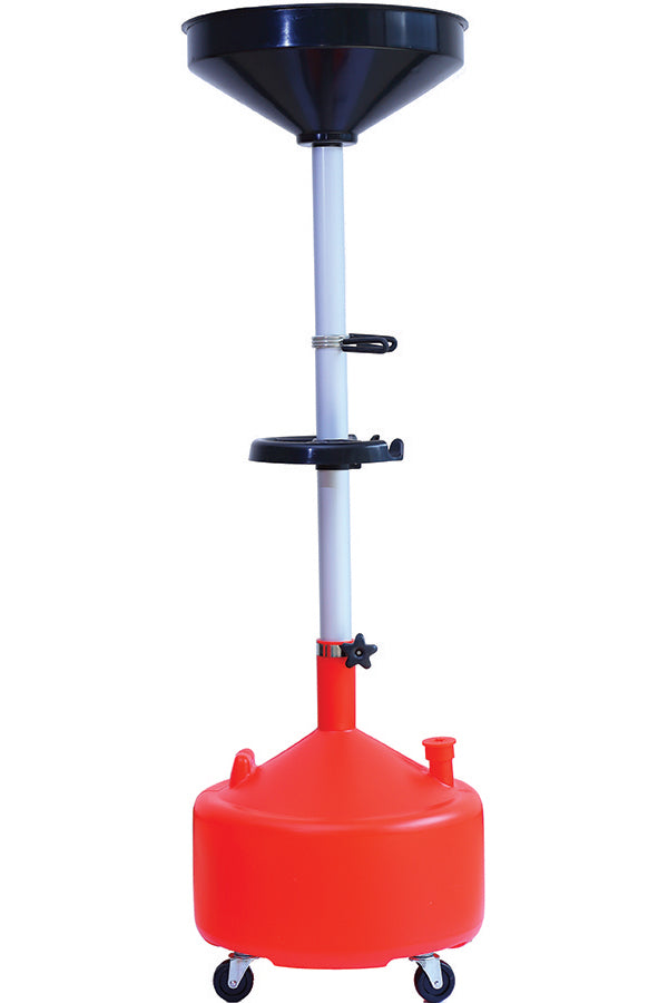 ATD Tools ATD-5180A 8 Gallon Plastic Waste Oil Drain with Casters, red translucent tank with large black funnel and four casters