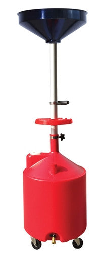 ATD Tools 5188A 18-Gallon Plastic Waste Oil Drain with Casters, red tank with blue funnel and PVC casters