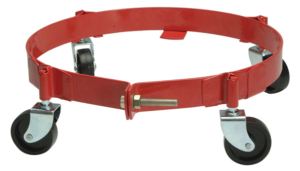 ATD Tools ATD-5216 16 Gallon Drum Dolly side view showing red powder-coated steel frame and 4 phenolic casters